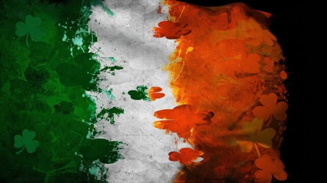 Vibrant artistic flag design in a grunge texture, featuring bold green, white, and orange sections adorned with iconic shamrock patterns, symbolizing cultural heritage and festive celebration