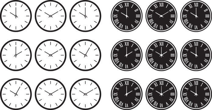 Classic analog clock collection showing various times with roman and arabic numerals on transparent background for decorative design.