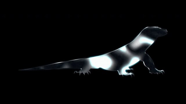 Silver metallic komodo dragon silhouette. Alpha channel. Seamless loop video