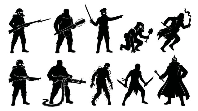 2D Silhouettes of various gaming characters with weapons and costumes for gaming developers 