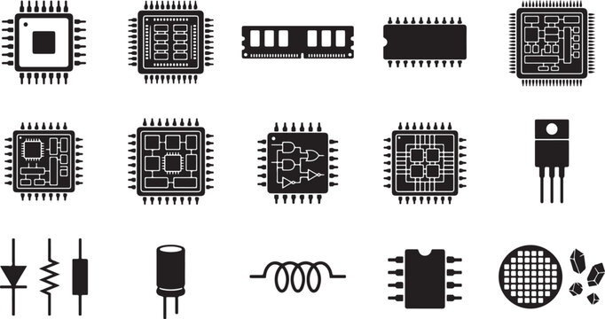 Electronic components collection icons featuring microchips processors transistors resistors capacitors and circuit boards for design.