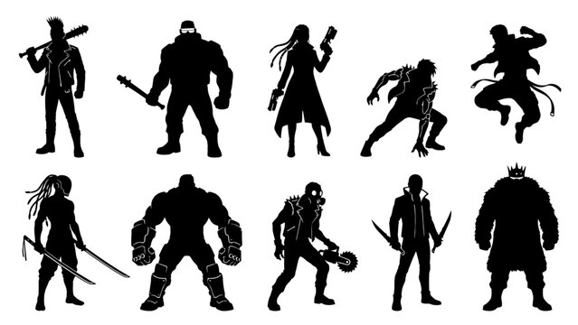 Black silhouettes of various gaming characters with weapons and accessories