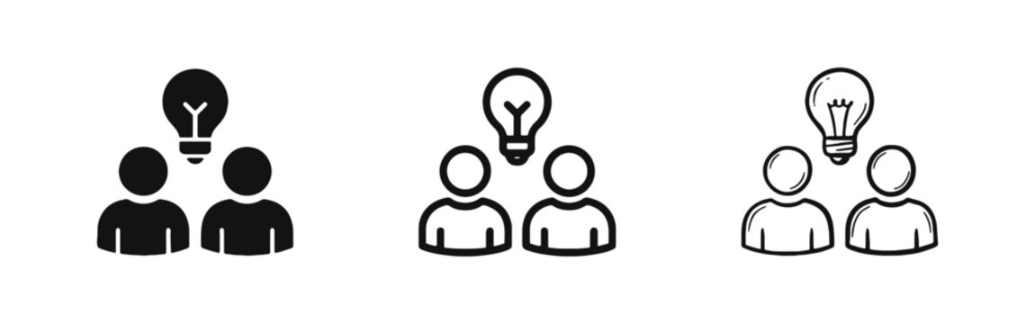 Brainstorming Idea Icon Set, People with Lightbulb Symbols in Solid, Outline and Hand-Drawn Styles, Creative Teamwork