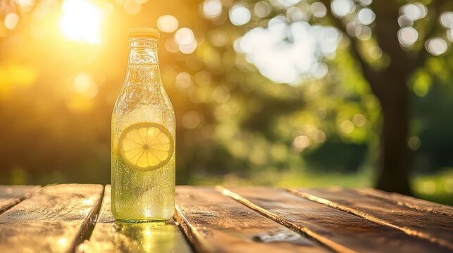 Refreshing Lemonade in a Glass Bottle with Lemon Slices on a Wooden Surface in Sunlight Outdoors