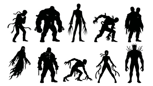 Collection of 2D gaming enemy characters and monsters in black silhouette on white background for game developers and designers