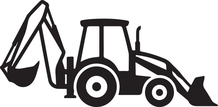Black backhoe loader, construction vehicle icon, heavy equipment silhouette, industrial tractor