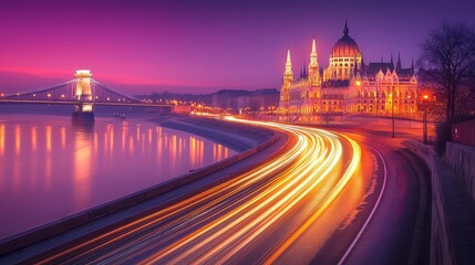 Obraz premium Budapest cityscape at dusk with traffic lights on highway by river and hungarian parliament building