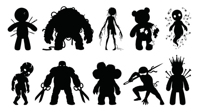A collection of creepy cartoon character silhouettes on transparent background 2D gaming enemy character for game developers