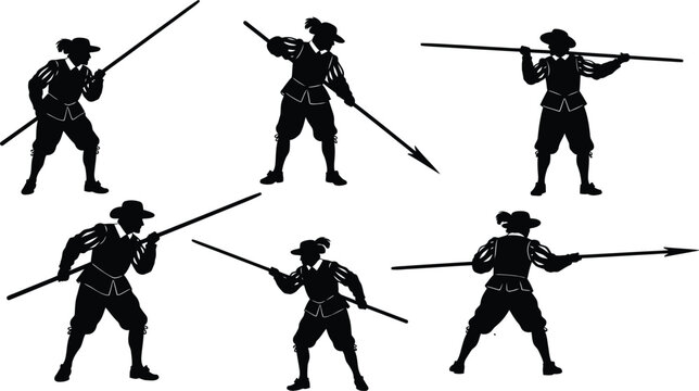 17th century musketeer silhouettes six poses with firearms and spears