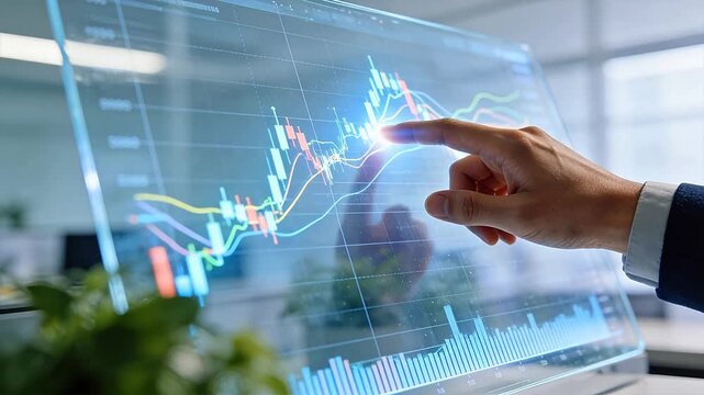 Hand touching transparent screen displaying financial stock charts in modern office