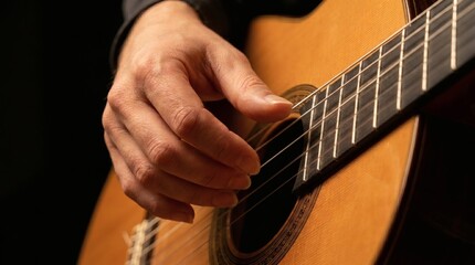 Fototapeta premium Closeup Musician Hand Plucking Acoustic Guitar Strings in Warm Studio Lighting