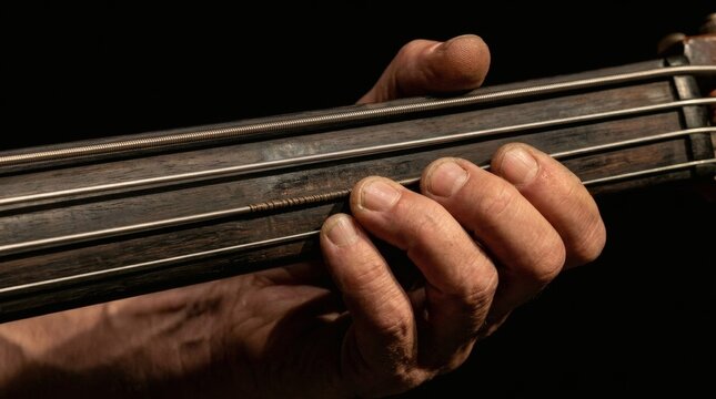 Closeup Musician Hand Pressing Bass Guitar Strings on Dark Stage Background