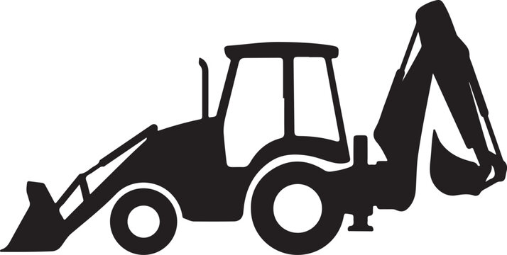Black silhouette excavator, construction vehicle icon, digger, backhoe loader symbol