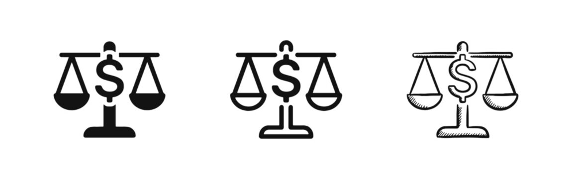 Financial Balance Scale Icons, Money Value Comparison and Budget Stability Symbols