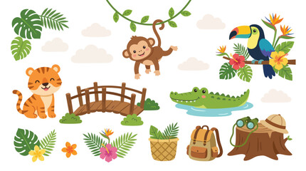 Naklejka premium Cute jungle animals, plants, and bridge, cartoon illustration, vector