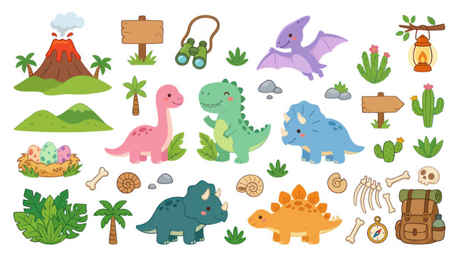 Cute Flat Cartoon Dinosaurs and Prehistoric Elements Vector Set - Kids Paleontology Adventure Illustration
