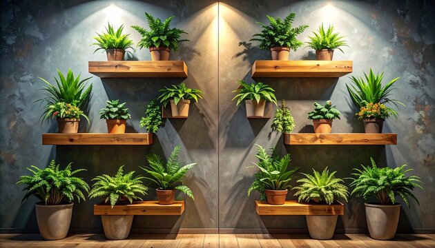 Decorative indoor plant display with multiple wooden shelves mounted on wall, lush green potted plants arranged symmetrically, warm lighting highlighting foliage and textures, inviting natural interio