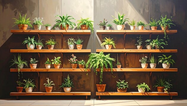 Decorative indoor plant display with multiple wooden shelves mounted on wall, lush green potted plants arranged symmetrically, warm lighting highlighting foliage and textures, inviting natural interio