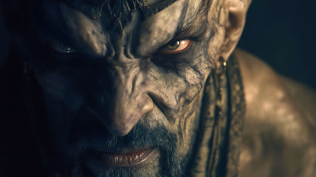 Djinn King wearing a dark ancient crown, featuring glowing orange eyes and pale textured skin, cursed royal demon from Arabian lore.