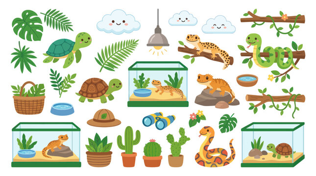 Cute Cartoon Reptiles and Cacti, Vector Illustration, Flat Style
