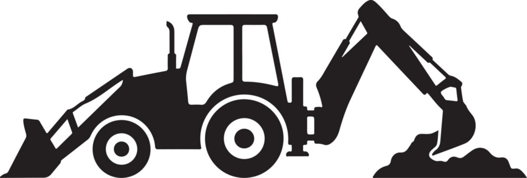 Black silhouette backhoe loader, excavator icon, construction vehicle, heavy equipment