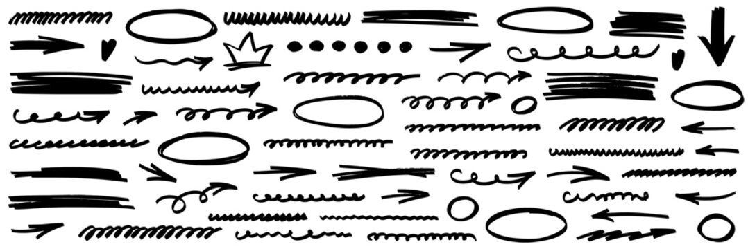 Hand sketch marker set. Pencil and pen drawn lines, highlight, underline and arrow. Marker hand drawn highlight, arrow, underline and sketch elements.