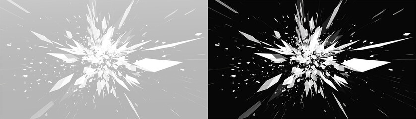 Realistic earth explosion set, atmospheric flying ground particles and cinematic soil blast on contrast backgrounds © Maxim