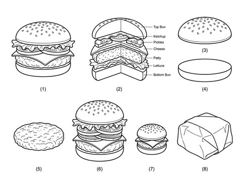 Burger line art set, cross section and patty anatomy, isolated on white background, fast food outline