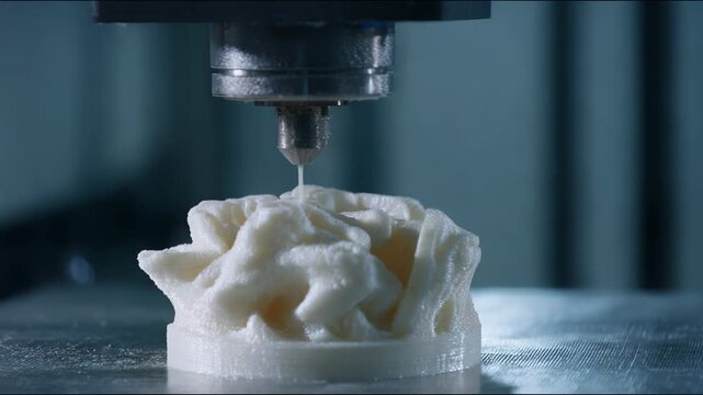 Robotic 3d printer nozzle extruding material to build an intricate, organic looking object on a metal printing bed, representing advanced manufacturing and rapid prototyping