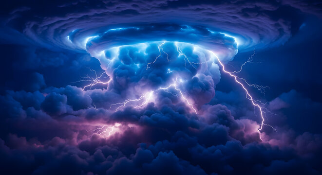 Dramatic swirling supercell storm with lightning in dark blue clouds.