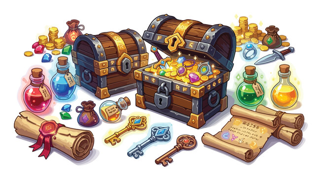 Fantasy RPG game loot icons set, medieval treasure chests with gold coins and gems, magic potion bottles and ancient scrolls, adventure quest items vector