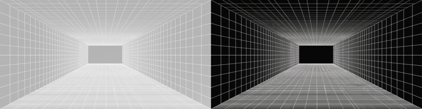 Realistic 3d wireframe grid tunnel set, atmospheric geometric perspective and cinematic digital room on contrast backgrounds