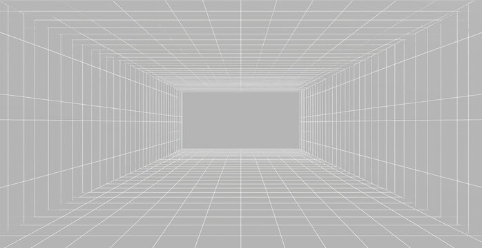 Realistic 3d wireframe grid tunnel, atmospheric geometric perspective and cinematic digital room on grey background