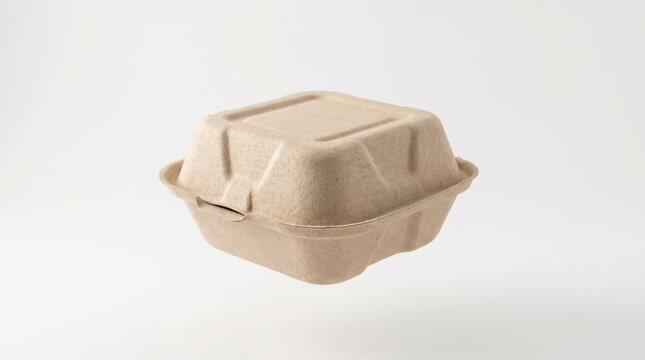 A brown biodegradable to-go container with a secure fitting lid made of molded pulp fibers floats.