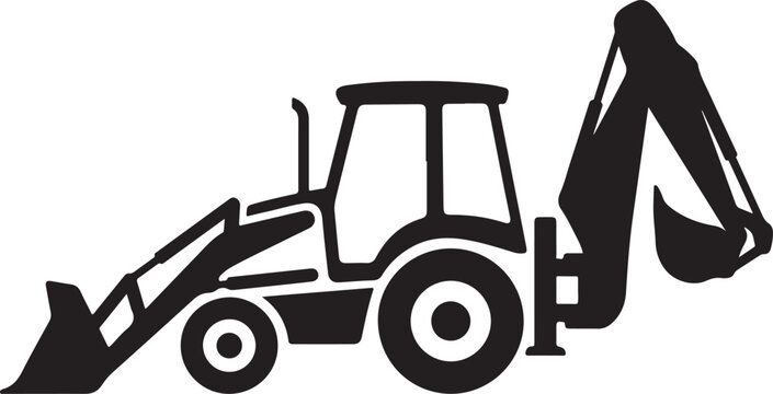 Black silhouette backhoe loader, construction vehicle icon, heavy equipment symbol, industrial tractor