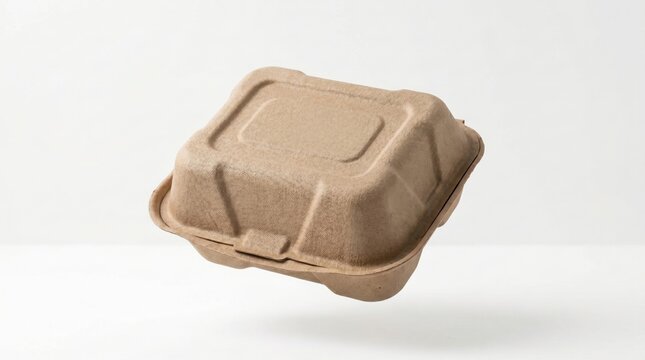 Brown biodegradable clamshell takeout container with lid closed floating in mid-air on white.