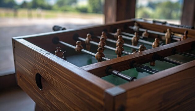 A handcrafted wooden foosball table near a sunlit window, symbolizing craftsmanship, nostalgia, and playful energy, blending tradition and leisure in a warm, inviting space.