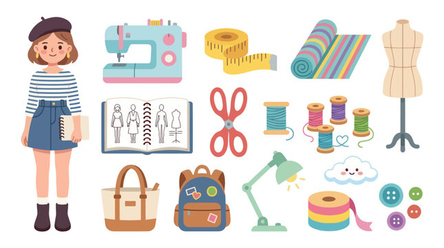 Cute Sewing Flat Design Elements - Fashion Design, Crafting, Hobby