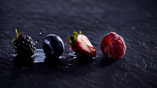 Four berries and a strawberry on a wet, dark surface, sliced fruit blackberry blueberry raspberry