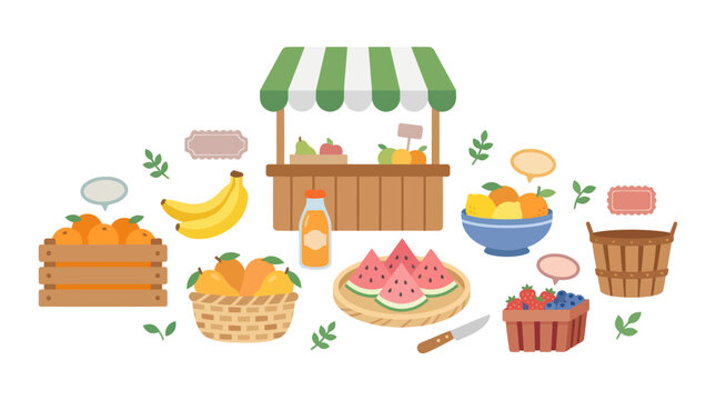 Flat design vector illustration of fresh fruit market elements with stall, produce, baskets, and juice for healthy food retail.