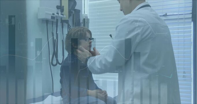 Male physician placing hand on child shoulder, palpating neck and jaw for exam, graphs overlaying