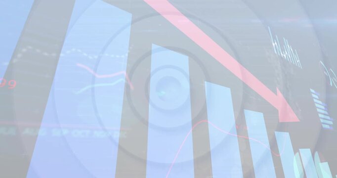 Camera zooming in, blue bars pulsing as declining pink arrow brightening, showing falling values
