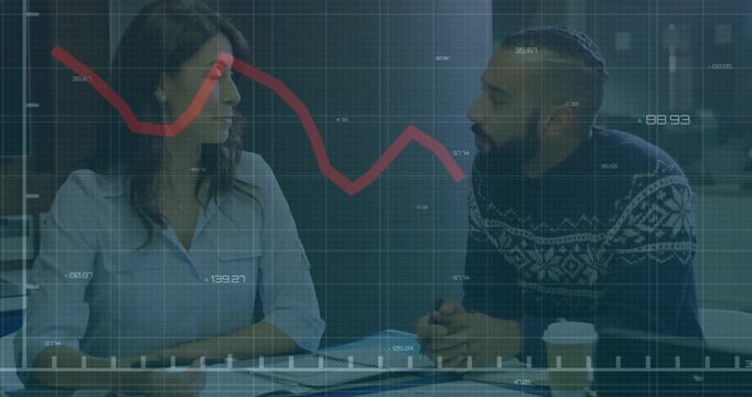Woman starting talk pointing at docs, man listening, red line chart crossing table showing finance