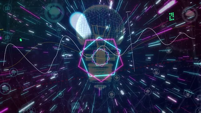 Neon flare sparking pentagons rotating and pulsing over bulb, waveform pulsing and showing idea