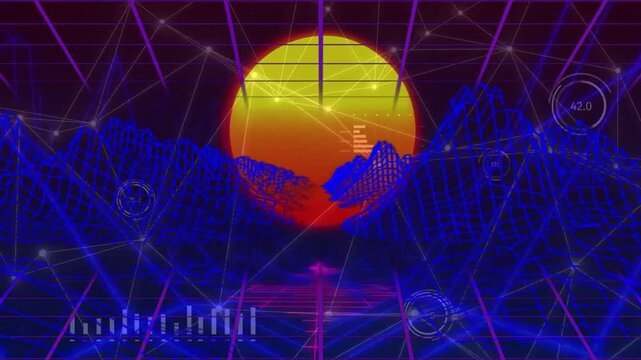 Glitch bands sweeping horizon sun shifting orange yellow magenta path pulsing HUD bars showing beat