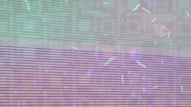 Abstract animation looping as slanted bands entering, causing spheres shifting right for parallax