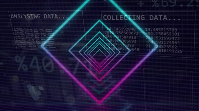 Glitch scan lines causing center diamond pulsing while HUD panels assembling, charts analyzing data