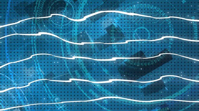 Bright trace starting five white wavy streaks sliding right brightening revealing teal ringed dots
