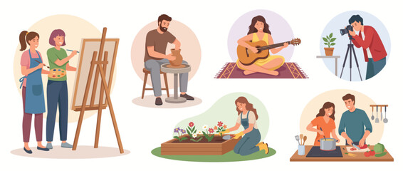 A delightful illustration showcasing various joyful activities, such as painting, gardening, music, and more, representing creativity and the beauty of hobbies in everyday life. © Suling