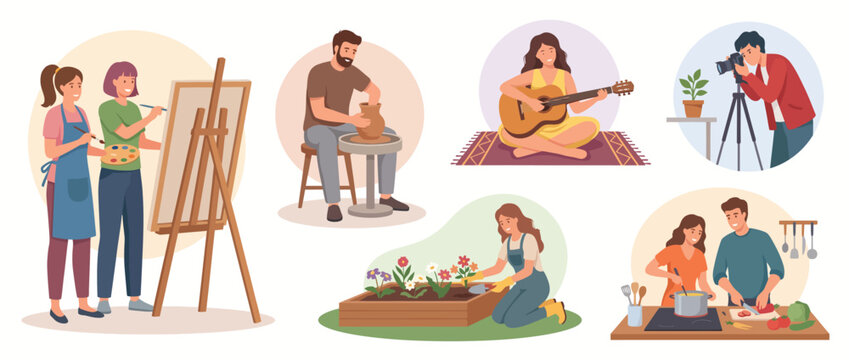 A delightful illustration showcasing various joyful activities, such as painting, gardening, music, and more, representing creativity and the beauty of hobbies in everyday life.